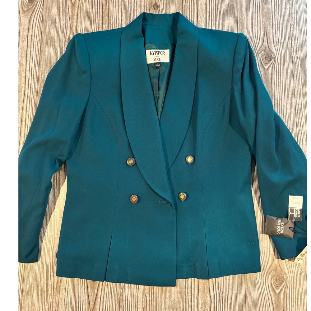 Kasper for A.S.L. Blazer Women Size 12 Teal Double Breasted Shawl Collar NWT
